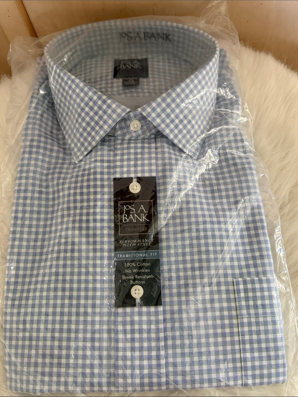 Jos. A. Bank Traveler Traditional fit Light Blue & White Gingham Dress Shirt